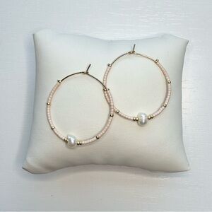 Delicate Beige Beaded Hoop Earrings with Pearl Accent